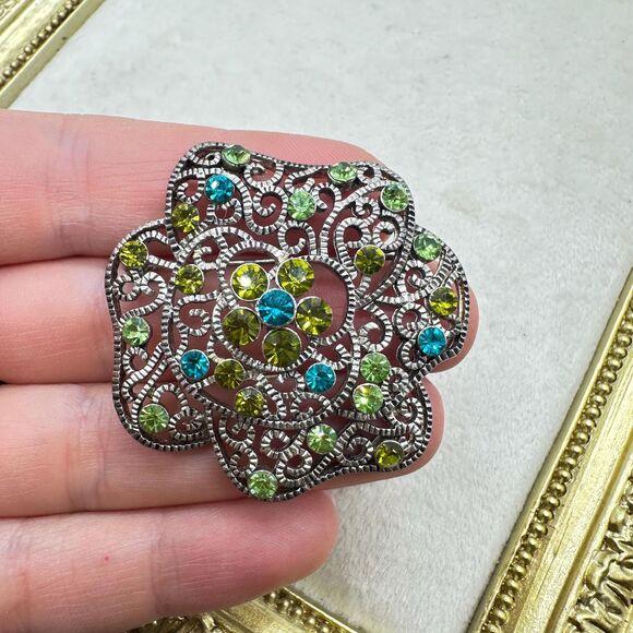 Vintage Jewelry Silver Tone Blue and Green Rhinestone Brooch Pin - Picture 1 of 2
